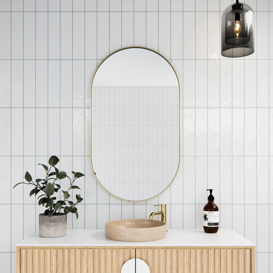 Oval Mirror Cabinet 960 x 560 Satin Brass Pre Order for Early Ma The Style Haus